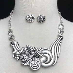 Large Abstract Swirl Silver Necklace Earrings Set